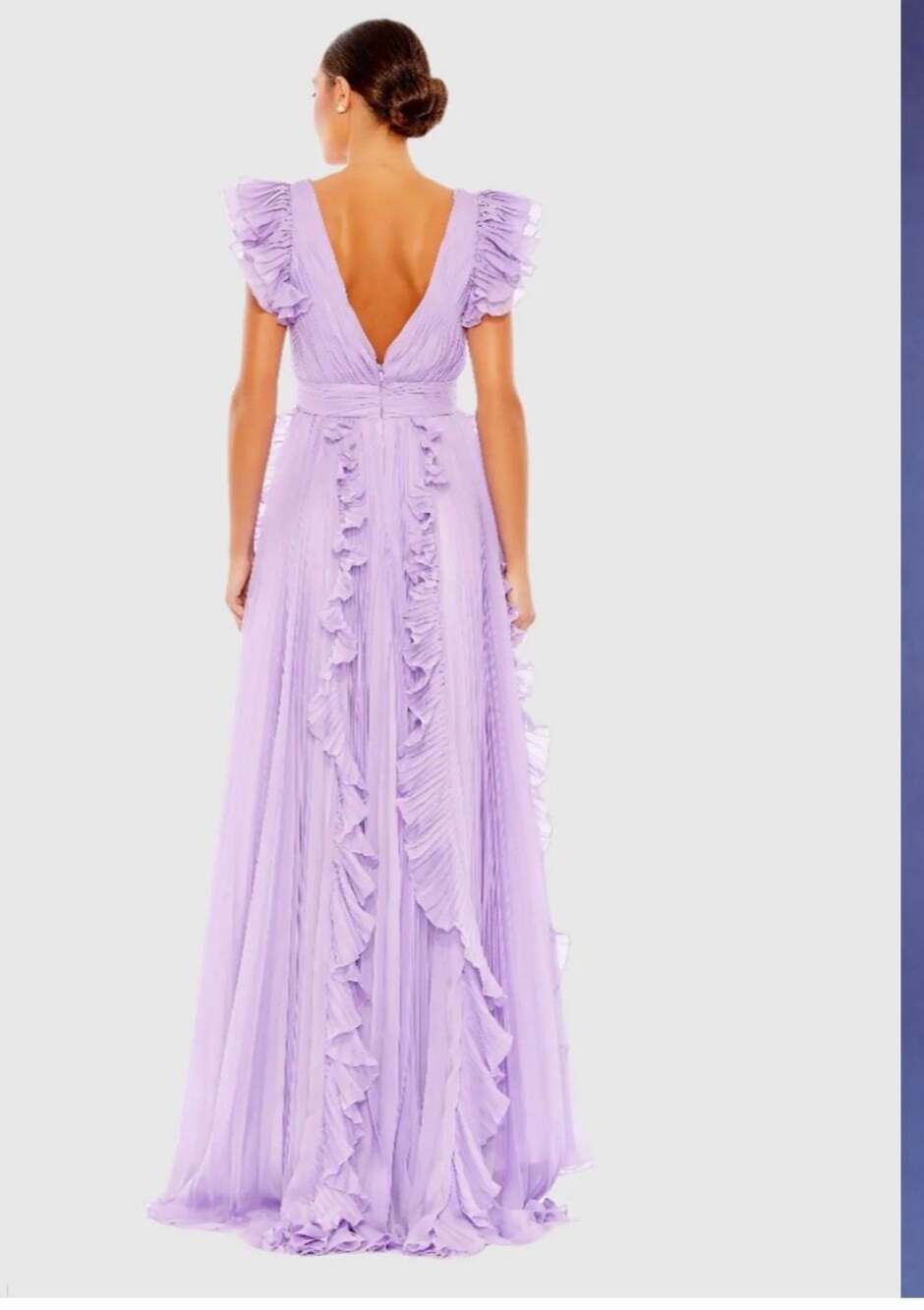 Size 14 Ieena for Mac Duggal Pleated Ruffle Cap Sleeve Gown in Lilac
